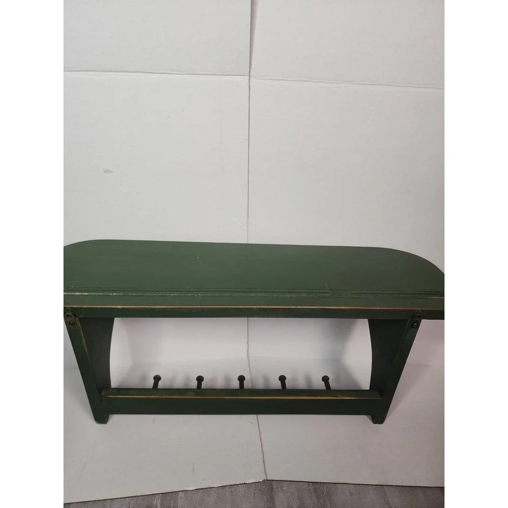 Vintage Green Wood Heart Shelf Five Hooks Cottage Country Distressed 23